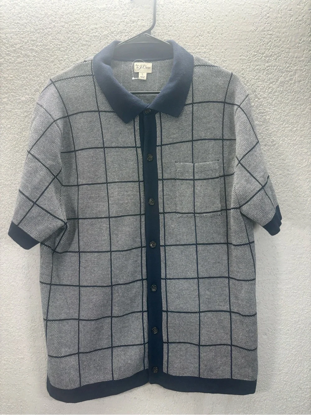 J. Crew Navy and Light Gray Windowpane Knit Polo Cardigan
